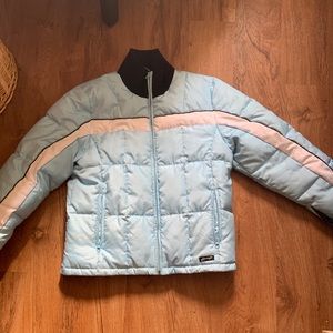 Baby blue and white puffer jacket. Size: M